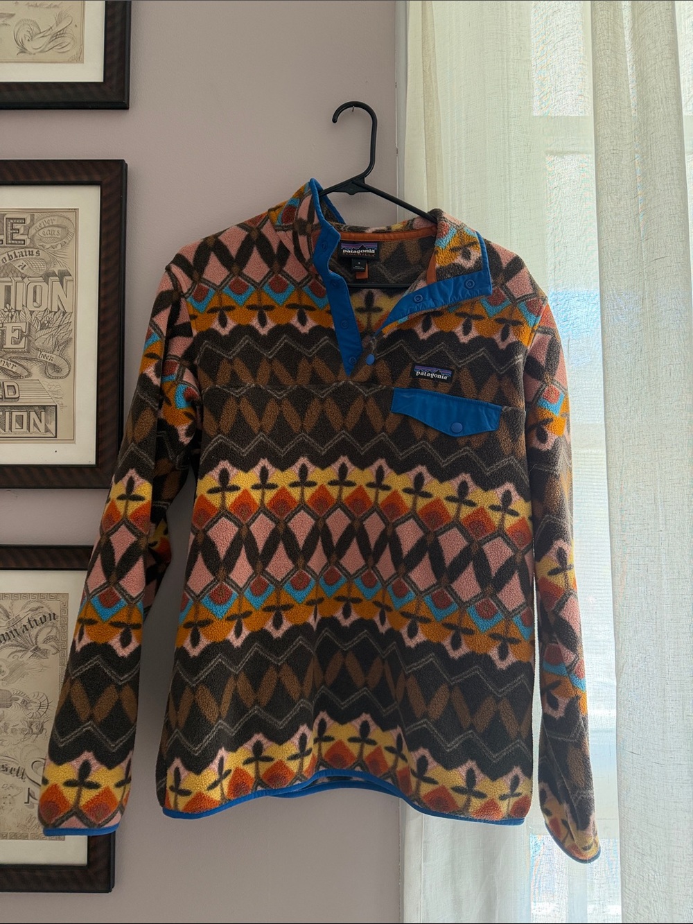 Patagonia Multicolor Geometric Fleece Pullover Jacket with Blue Trim